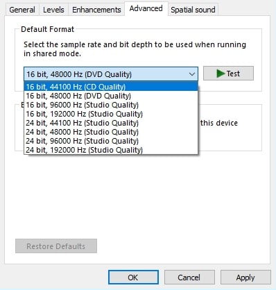 Select any 16-bit option from the Default Format menu.