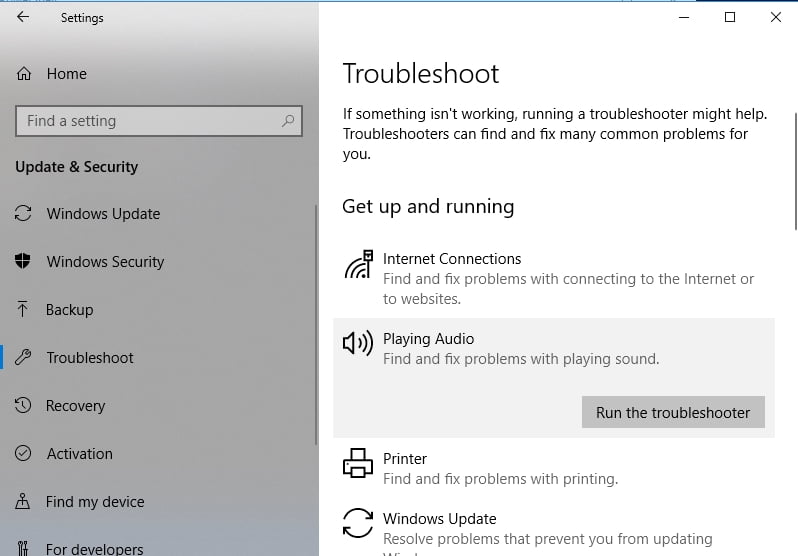 Click Run the troubleshooter to fix your audio issues.