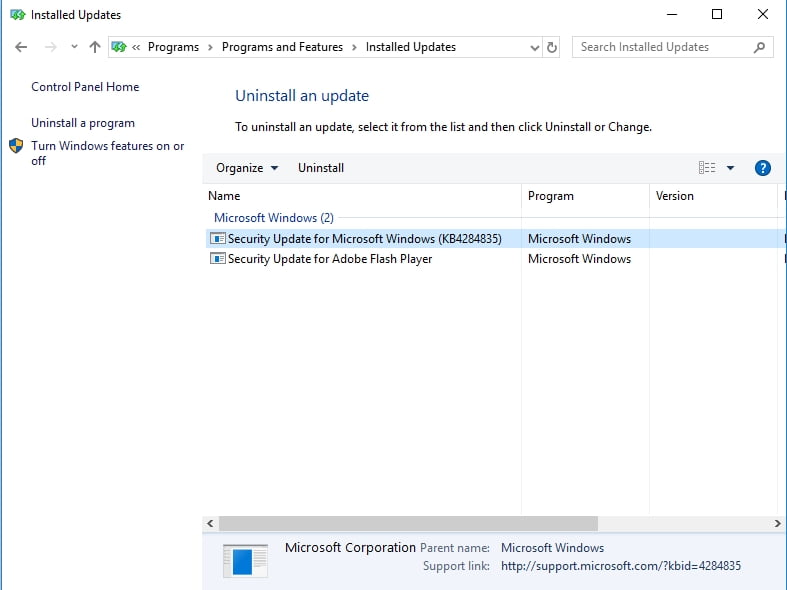 Go to Programs and Features to uninstall updates.