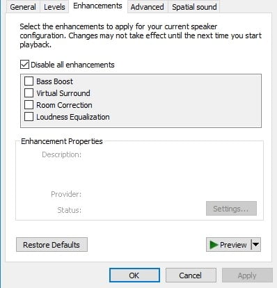 Disable all audio enhancements.