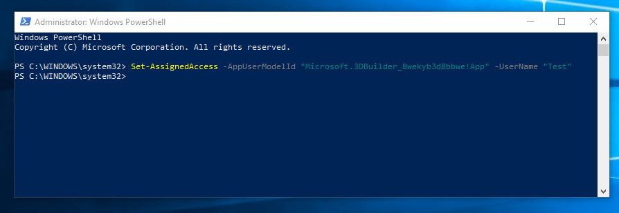Input Set-AssignedAccess -AppUserModelId<AUMID> -UserName<username>.