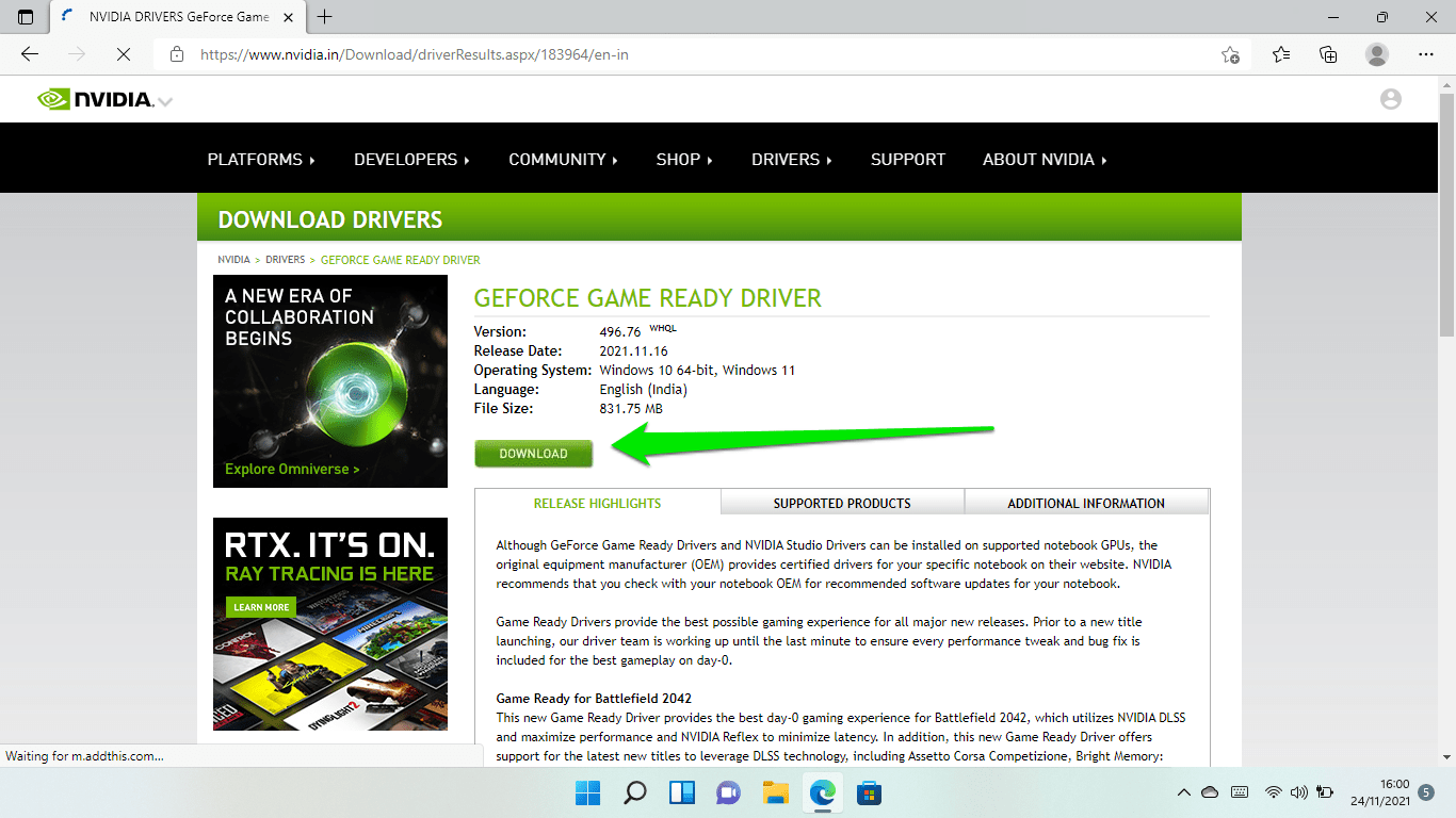 Click on the Download button when you see the details of the driver