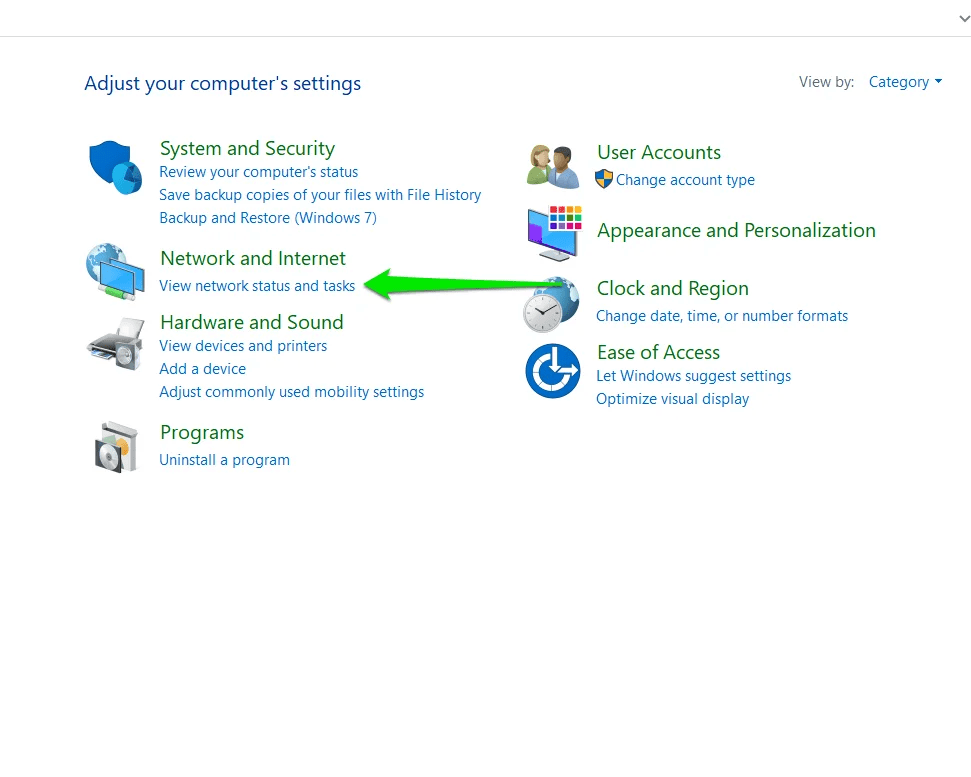 Click on View Network Status and Tasks under Network and Internet to open the Network and Sharing Center