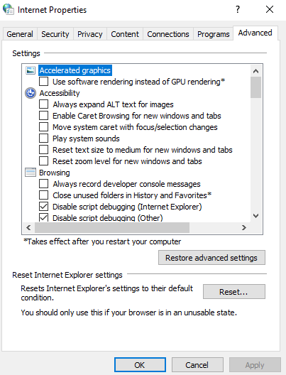 How to reset the Internet Explorer settings on Windows OS?