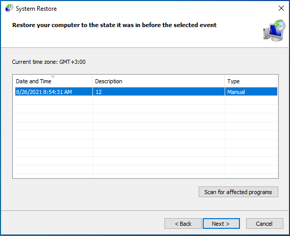 Click Next after selecting a restore point.