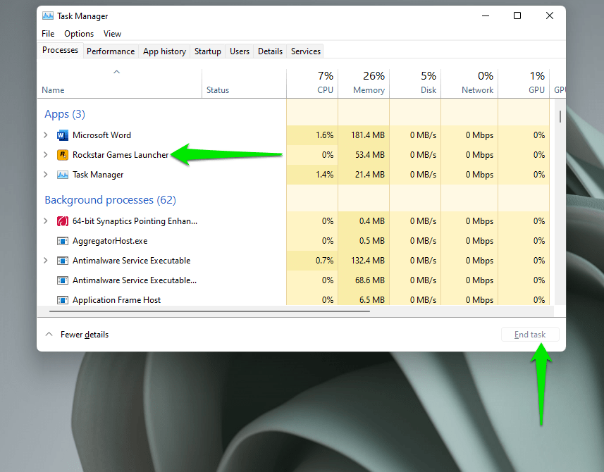 Locate the Rockstar Games Launcher entry under the list of processes and select it