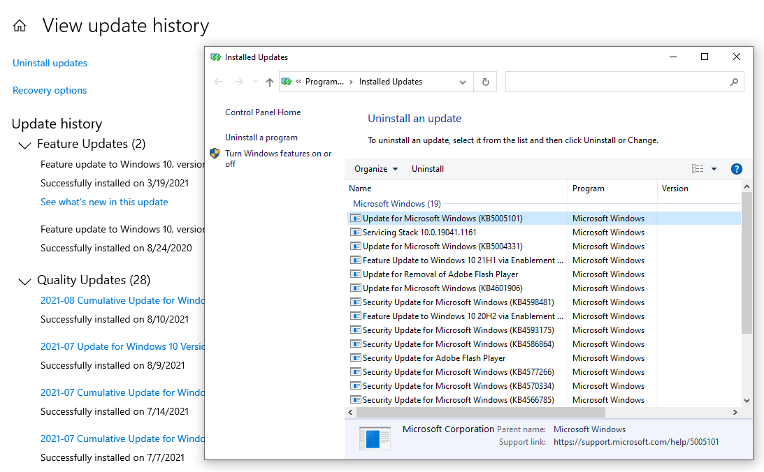 Select an update to uninstall