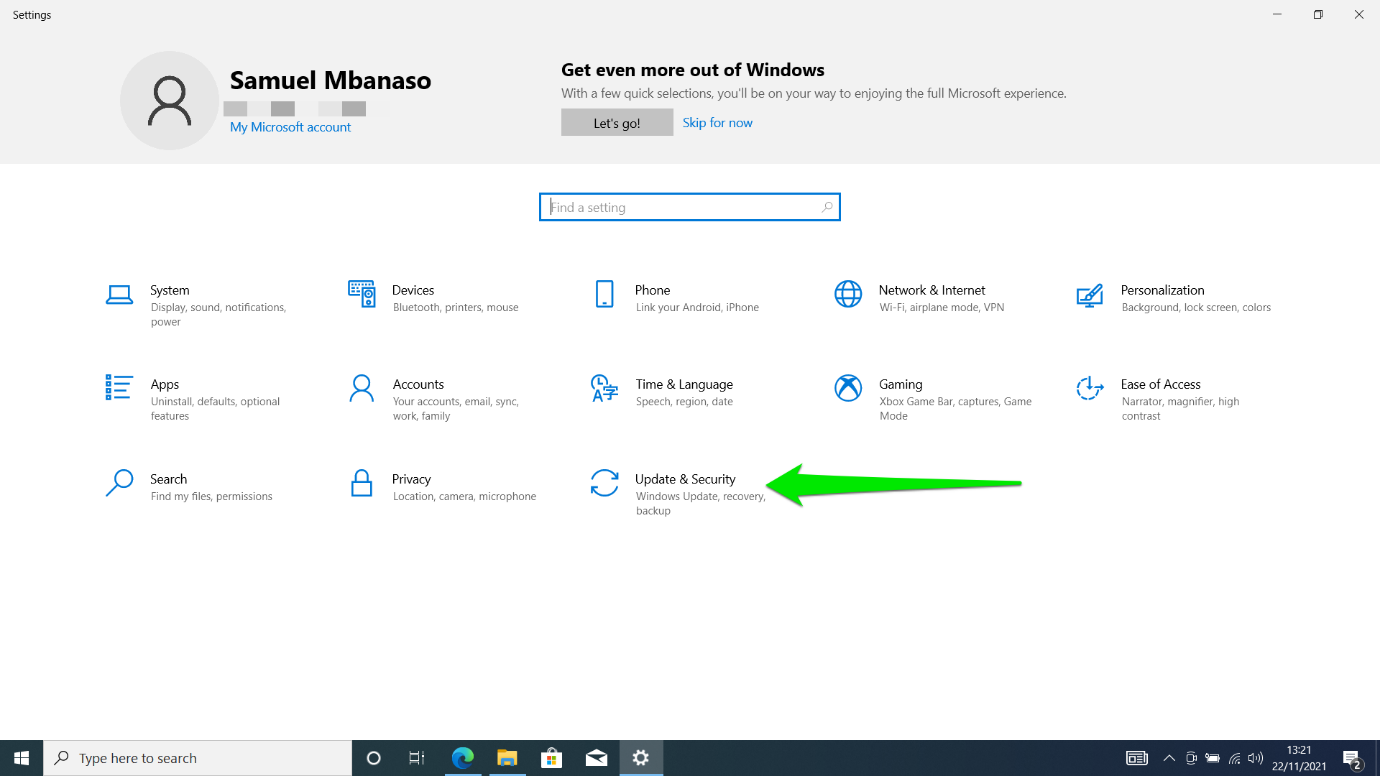 Click on the Update & Security icon at the bottom of the Settings home page