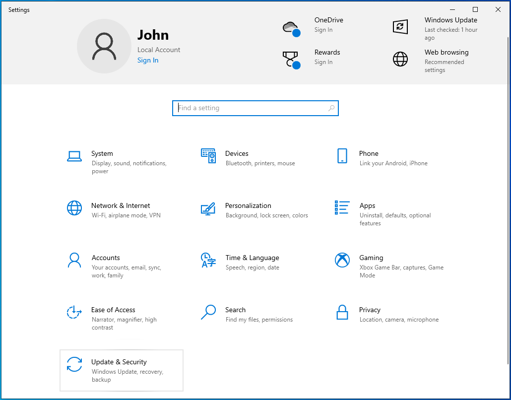 Navigate to Update & Security.