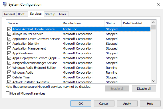 Use the Services tab to start up or terminate the various services that run in the background